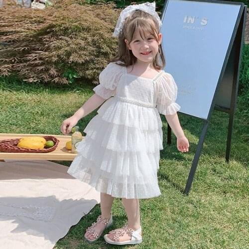 2021 Girls Puffle Sleeved beaded Cake Dresses Baby Kids Summer Princess Birthday Tutu Dresses Children Clothes Vestido Outfit