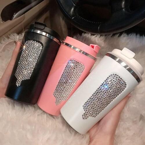 380 ml stainless steel coffee cup leak proof flash diamond thermos cup work out office vacuum bottle lovely pink water bottle