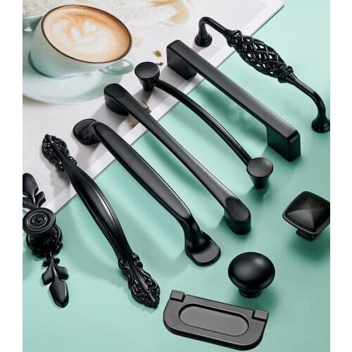 American Style Black Door Knobs and Handles for Cabinet Kitchen Cupboard Aluminum Alloy Furniture Handles Hardware Drawer Pulls