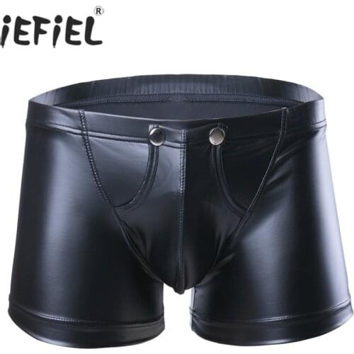 IEFiEL Sexy Lingerie Men Panties Faux Leather Boxer Shorts Open Bulge Pouch With Hole Underwear Underpants Gay Man Jockstraps
