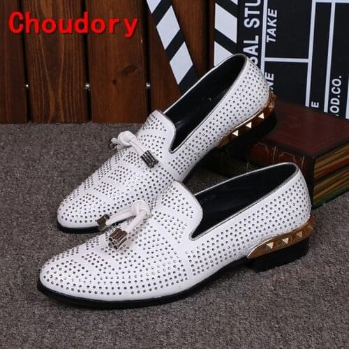 Italian shoes men leather Flat Loafers White Crystal Bling Bling Rhinestone Leather Dress Shoes Slip On Zapatos Hombre size12