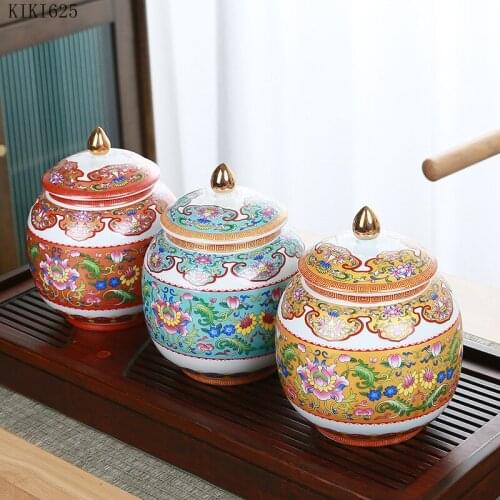 Enamel Colored Lotus Ceramic Tea Pot with Lid Desktop Decoration Household Small Objects Sealed Storage Jar Crafts Decoration