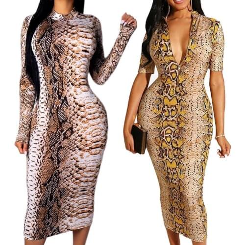 Mode Sexy Vrouwen Snake-effect Print Lange/Korte Mouwen Bodycon Midi Party Dress voor vrouwen jurken vestido de festa