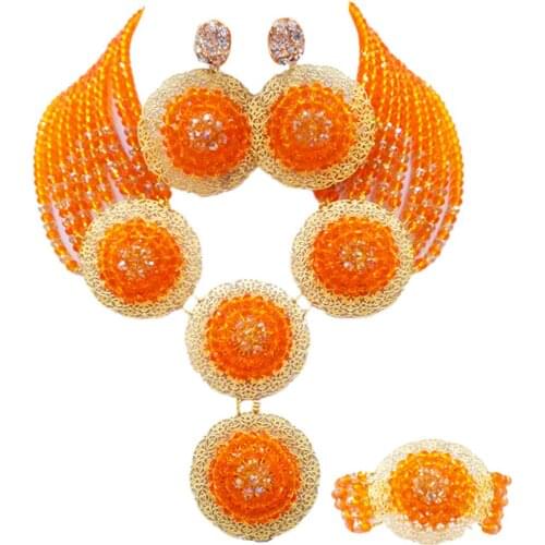 Orange and Champagne Gold AB Nigerian Beads Jewelry Set African Necklace Bracelet Earrings Wedding Party Accessories 10PH08