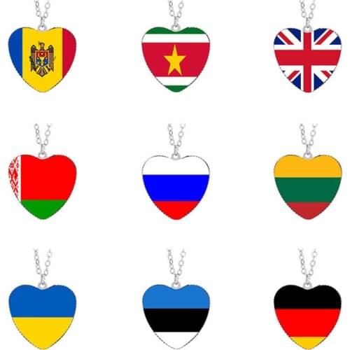 National Flag Heart Shape Necklace Germany Russia Ukraine Colombia Jamaica Glass Cabochon Pendant Clavicle Chain Jewelry