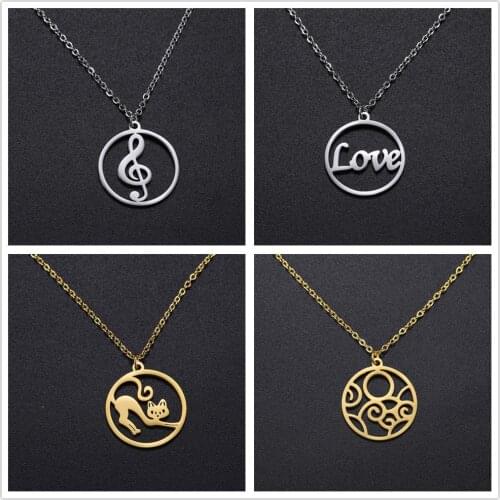 Skyrim Classic Round Pendant Necklace Love Cat Musical Note Gold Color Stainless Steel Choker Chain Necklaces for Women Girls