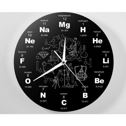 Periodic Table Of Elements Chemistry Wall Clock Chemical Formulas As Time Numbers Wall Watch Chemical Science Wall Art Decor