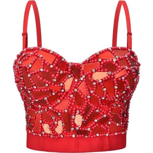 Luxury Rhinestone Bead Bustier Pearls Diamond Push Up Bras For Women Sexy Night Club Bralette Ladies Bra Cropped Top Plus Size