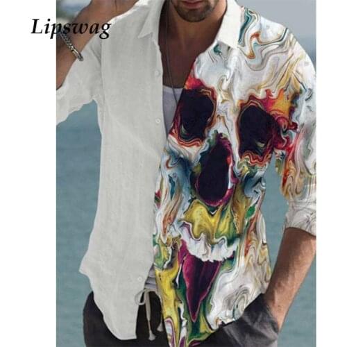 Vintage Skull Printed Turn-down Collar Shirts Men Autumn Long Sleeve Casual Shirt Fashion Patchwork Buttoned Loose Cardigan Tops