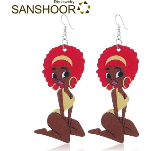 SANSHOOR Afro Black Bikini Girls Printed Wooden Drop Earring African Natural Hair 6 Colors Dangler for Women Gifts 1Pair