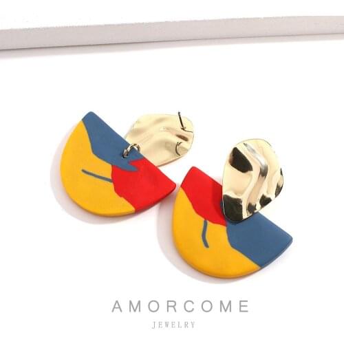 AMORCOME Modern Design Contrast Color Half Moon Polymer Clay Earrings Geometric Alloy Metal Statement Earrings Jewelry Brincos