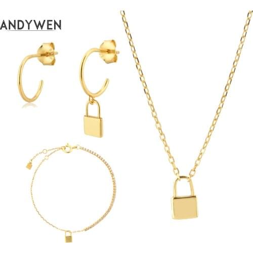 ANDYWEN 925 Sterling Silver Lock Charm Drop Earring Bracelet Necklace Jewelry Set Plain Small Tiny Women Fine Jewelry Simple