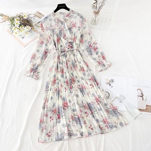 Spring Autumn Elegant Round neck Flare Sleeve Women A-line Dress Chiffon Midi Dress Female Elastic Waist Pleated Vestidos 2020