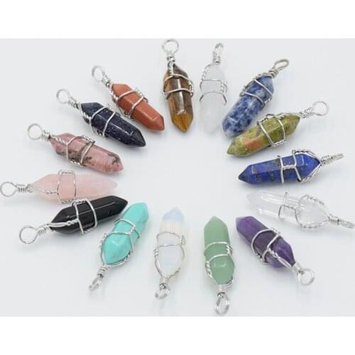 Hexagonal Column Natural Tiger Eye Stone Lapis Onyx Rose Pink Quartzs Crystal Faceted Bead Wire Twining Pendants Charm Jewelry