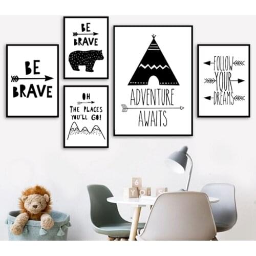Tent Bear Arrow Brave Quotes Nordic Posters and Prints Nursery Wall Art Canvas Painting Black White Picture Baby Kids Room Decor