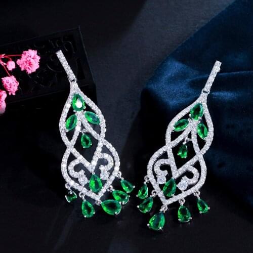 ThreeGraces White Gold Color Shining Green CZ Crystal Hangging Long Tassel Drop Earring Women Wedding Banquet Prom Jewelry ER169