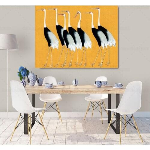 Seven Birds Vintage Art Print Japanese Red Crown Crane Canvas Painting Yellow Poster for Home Decor