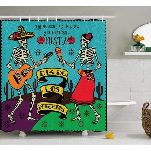 Day of The Dead Decor Shower Curtain, Dia de Los Muertos Festive with Spanish Couple Dancing Multicolor