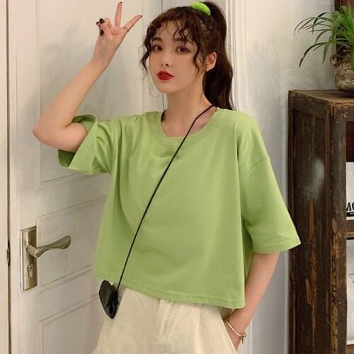 2020 New T Shirt Summer Solid Color Women Tee Loose Round Collar Short Sleeve Tshirt Casual Wild Tops