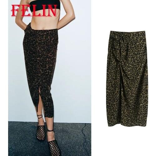 Za 2021 Fashion Autumn Vintage Leopard Print Midi Skirts High Waist Straight Pleated Skirts Sexy Mujer Faldas