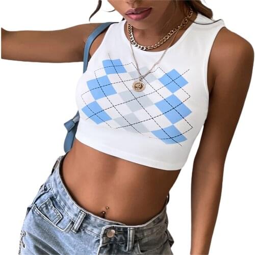 Womens Summer Tank Tops, Cute Argyle Print Sleeveless Crew Neck Slim Fit Crop Tops