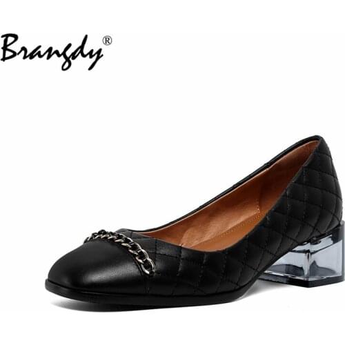Brangdy New Brand Genuine Cow Leather Women Pumps Spring Autumn Shoes Thick High Heels Buckle Dress Office Ladies Shoes Pumps