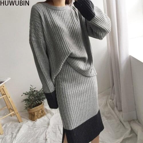 2021 Large Womens Autumn Winter Round Neck Top Skirt Loose Fashion Lazy Style Knitted Fashion Sweater Skirt Two-Piece Suit