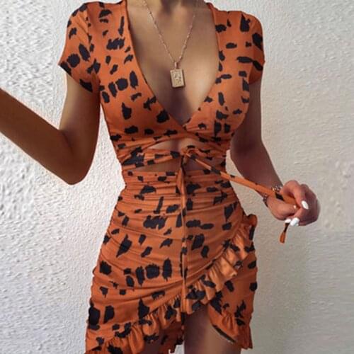 2021 Summer Floral Print Fashion Tie Up Wrap Mini Dress Holiday Ruffles Sundress Ruched Womens Dress Short Sleeve