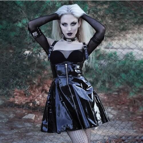 Medieval Gothic Dark Punk Pvc Dress For Women Straps Patent Leather Nightclub Sexy A-Line Sling Adjustable Knee-Length Skirt