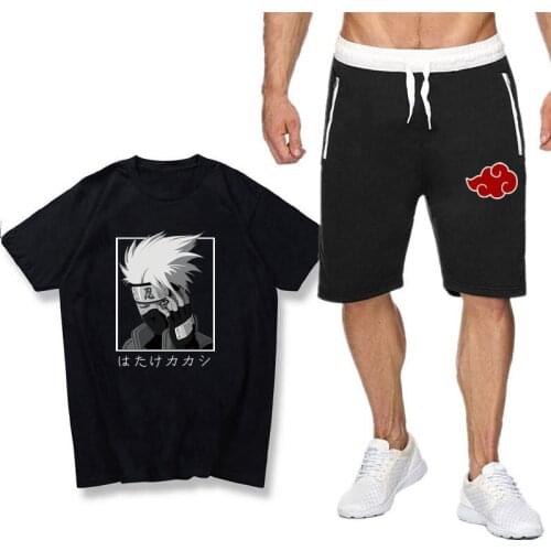 Anime Kakashi Sasuke summer Hot-Selling Leisure style Fashion Mens Short-Sleeved T-shirt + Shorts Two piece set