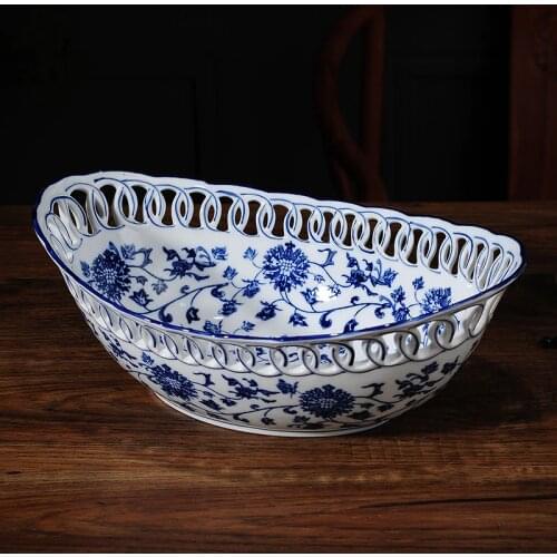 Blue and white porcelain fruit plate living room creative household fruit basket dry fruit Chinese style retro Chinese wind frui