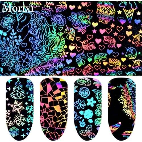 4*20cm Holographic Nail Foil 8pcs magic sky adhesive paper leaf flower design laser hot transfer nail art sticker MZ027