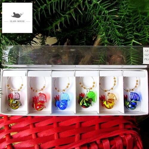 6pcs /set Festival Party Wine Glass Ring Table Decoration mini rooster Figurine Wine Glass Charms Pendants Decoration Supplies