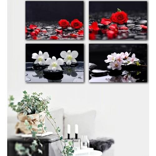 Red Rose and Black Zen Stones Canvas Painting Poster Butterfly Peach Blossom Wall Art Bamboo Print on Canvas Modern Wall Decor