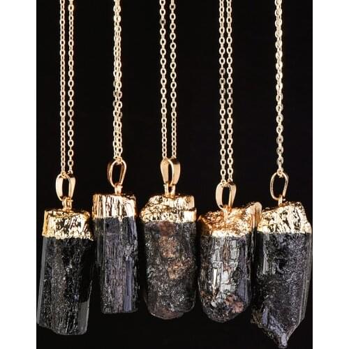New Gold Silver Dipped irregular Raw healing Black Tourmaline Pendant Raw Stone Healing Crystal natural chakra stone pendant