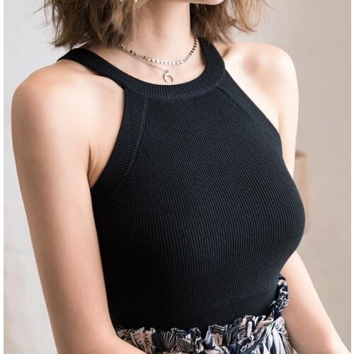 Summer Women Crop Tops Female Ladies O-Neck Sleeveless Elastic Solid Vest for Ladies Black Knitted Off Shoulder Tops