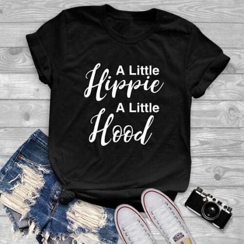Unisex Short Sleeve Summer Cotton tee A little hippie A little hood Letter Slogan T-Shirt Girl Black Clothes Graphic Outfits Top