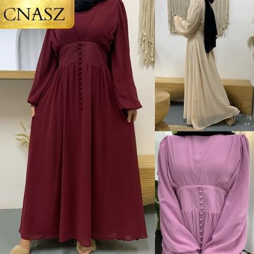 Hot Selling Muslim Dress Kaftan Women Pleated-Bust Dress Full Lined Double Chiffon Dresses Turkey Womens Ramadan Skirt
