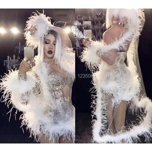 Purple Crystal Feather Mini Dress Sexy Women Dance ballet Costume Nightclub Party prom Show Stage Wear Performance Rave Clothes