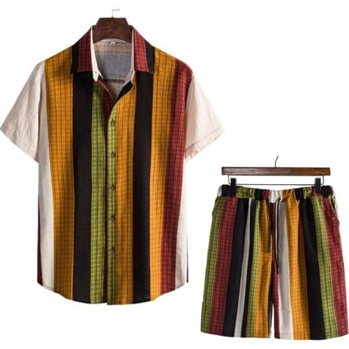 Vintage Plaid Striped Short Sleeve Shirt and Shorts Set Men Cotton Linen Two Piece Set Suits Men Beachwear Holiday Clothes 5XL
