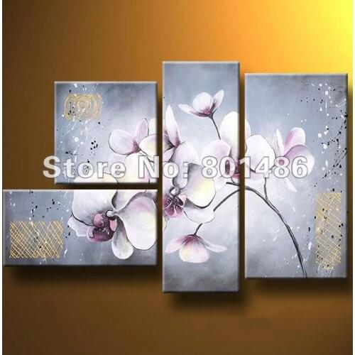 Genuine Real Hand Painted Purple Orchid Flower 4 Pieces Canvas Oil Painting Wall Art For living Room Bedroom Decoration