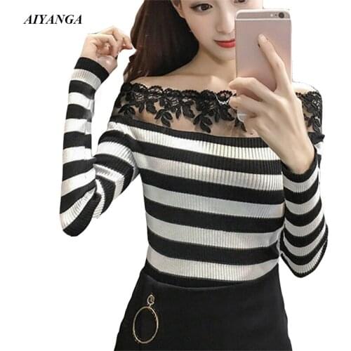 New Womens Knitted Shirts 2019 Spring Tops Striped Tops Patchwork Lace Female Slim Long Sleeve Sexy Off Shoulder Sweaters