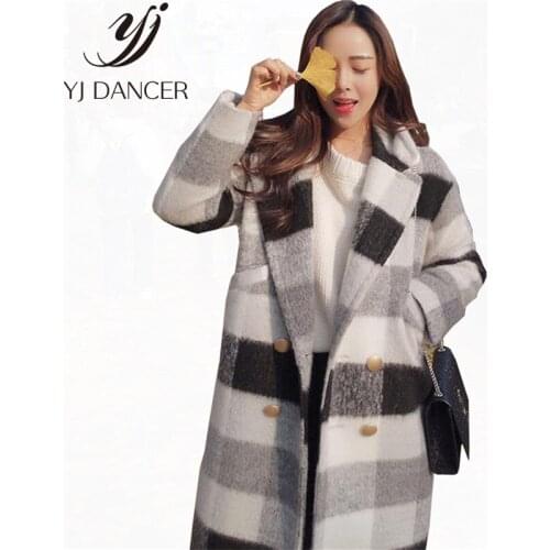Autumn Winter New Cashmere Trench Jacket Women Casual Black White Plaid Coat Thicken Warm Button Harajuku Pocket Jackets CSS345