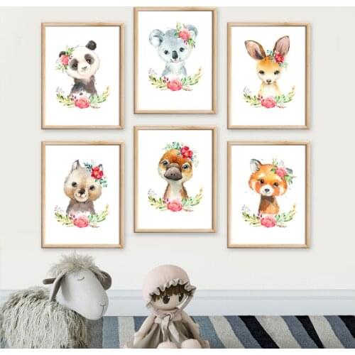 Panda Koala Raccoon Fox Bear Platypus Flower Wall Art Canvas Painting Nordic Posters And Prints Wall Pictures Kids Room Decor