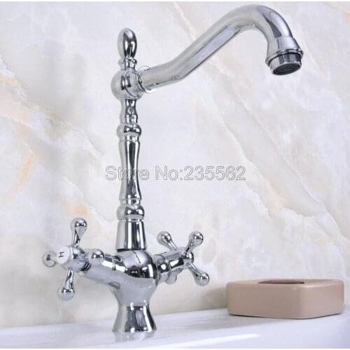Polished Chrome Brass Swivel Kitchen Faucet Dual Cross Handles Single Hole Sink Mixer Tap Lnf920