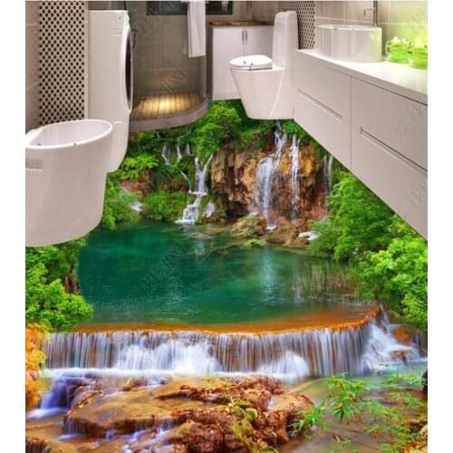 PVC mountain river waterfall natural landscape non-slip waterproof self-adhesive 3D floor sticker tiles bathroom 3D wallpaper