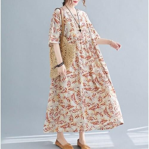 Plus Size Summer Sundress Women Print Cotton Linen Maxi Long Dress Oversize Female Lady Vestidos Big Size Boho Beach Dress 2021