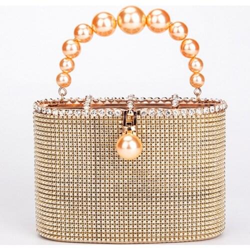 Luxury Diamonds Evening Clutch Bag Pearls Handle Metal Cage Handbag Female Shoulder Bags Dinner Party Wedding Purse
