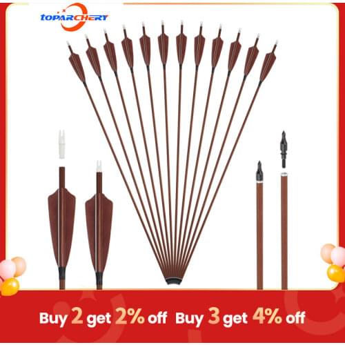 Toparchery Pure Carbon Arrows Wood Skin Spine 400 32Inch ID6.2 Turkey Vanes Shaft Recurve Bow Longbow Hunting