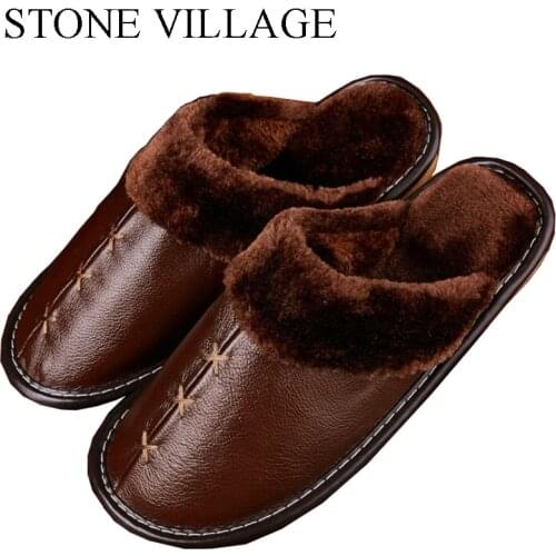 2018 Warm Genuine Leather Slippers Lovers Home Floor Indoor Shoes Non-Slip Platform Winter Men Slippers Flat Women Slippers